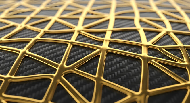 Golden geometric grid over dark carbon fiber texture a modern abstract background