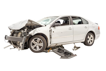 White sedan car broken after severe crash on the road isolated on white background with clipping path and generated with AI