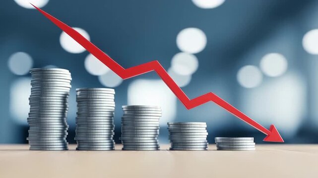 A falling red arrow over coin stack signals market decline, economy loss, downturn risk, savings anxiety, finance investment market economy decline, loss downturn, risk savings coin, falling profit