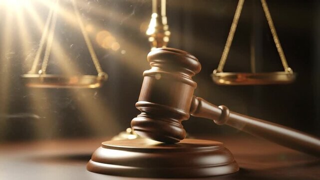 Justice in focus: gavel and scales of law with dramatic light rays and smoky