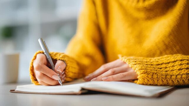Closeup of female hands holding a pen and writing in a journal, symbolizing productivity and mindfulness. The warm yellow sweater adds comfort and focus to the creative process