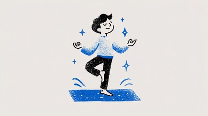 Everyday Blue Minimal Sticker Collection &ndash; Calm Lifestyle 3D Doodle Illustrations of Healthy Habits, Relaxed Young Man Running, Reading, Cooking, Yoga, and Working on Laptop in Blue Monochrome Palette
