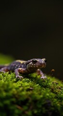 Obraz premium Close-up of a remarkable salamander, an intriguing amphibian with a lizard-like body, resting on moss in its damp natural habitat ,log ,small ,biodiversity