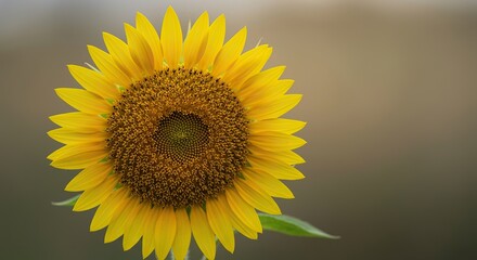 Obraz premium Close-up of a solitary sunflower head, showcasing its intricate seed pattern and bright yellow petals against a soft, blurred background ,petals ,macro ,serene