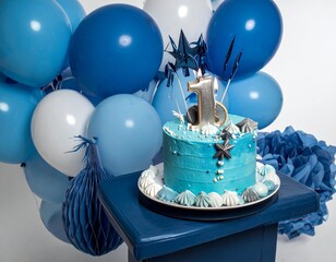 青いケーキと青い風船