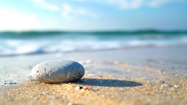 Ocean waves gently washing over a smooth grey stone on a sandy beach under a bright blue sky with soft clouds