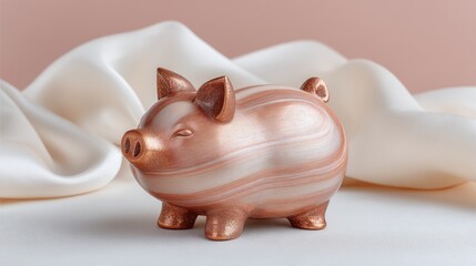 Sparkling Rose Gold Piggy Bank Coin Bank A Cute Animal Figurine With Subtle Stripes And Glitter Accents Rests On A White Surface Amidst Flowing Cream Colored Fabric With A Soft Peach Background