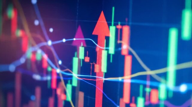 Digital Stock Market Chart with Upward Red Arrow and Data Lines on Blue Background with Neon Glow