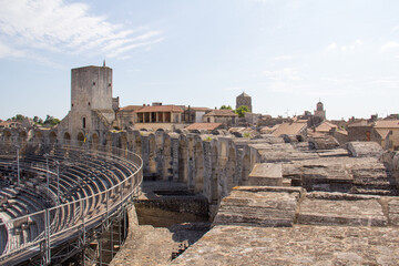View of The Primatial Basilica of Saint-Trophime and the city of Arles from the amphitheater in Arles, Provence-Alpes-C&ocirc;te d'Azur, France