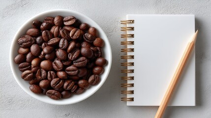 Styled Flat Lay of Roasted Coffee Beans in White Bowl Next to Spiral Notebook and Rose Gold Pencil on Textured Silver Background