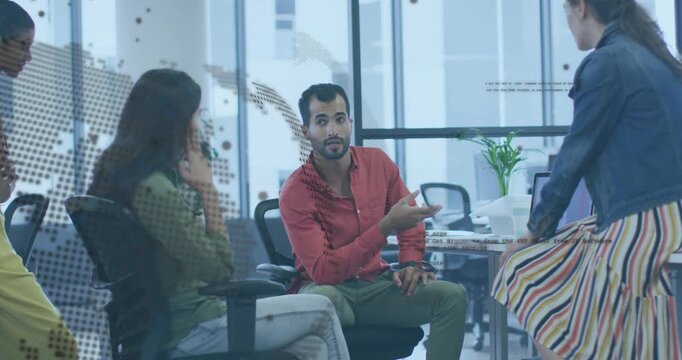 Male colleague gesturing toward office peer triggers animated chart illustrating business plan
