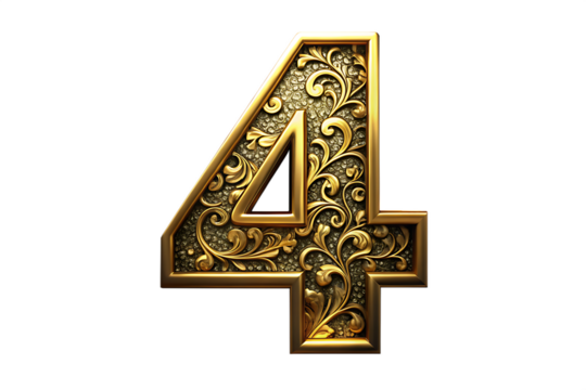 Ornate Golden Number 4 with Floral Engravings numeral