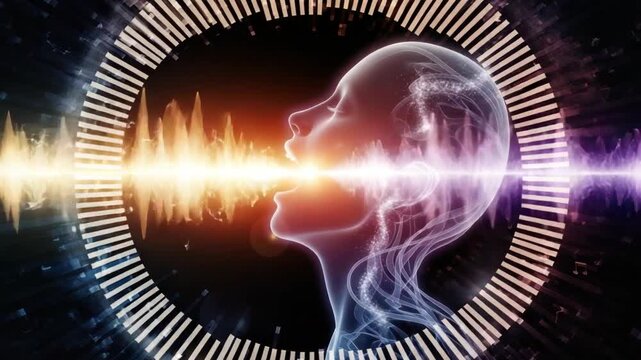 Abstract visualization of sound waves interacting with a human head silhouette.