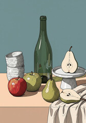 still life with apple juice and fruits