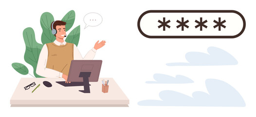 Man wearing headset at desk, gesturing while speaking, near password security field. Ideal for customer support, communication, digital privacy, security, online accounts, IT services simple flat