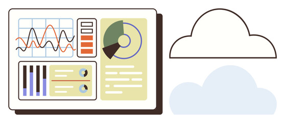 Analytical dashboard with charts, graphs, and cloud icon symbolizing data storage and analysis. Ideal for business, technology, cloud computing, analytics, marketing, workflow and presentation