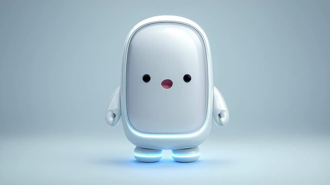 A cute robot android cyborg character mascot toy glossy white with friendly face and blue glow, minimal futuristic design, rounded body, soft lighting, smiling adorable kawaii style, smooth plastic