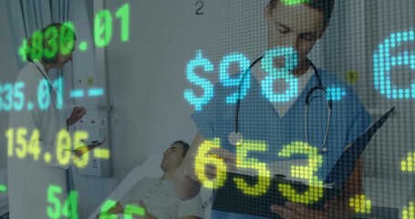 Scrolling financial figures driving nurse reviewing chart while doctor noting metrics for cost data - Powered by Adobe