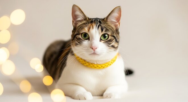 Beautiful calico cat wearing handmade knitted collar