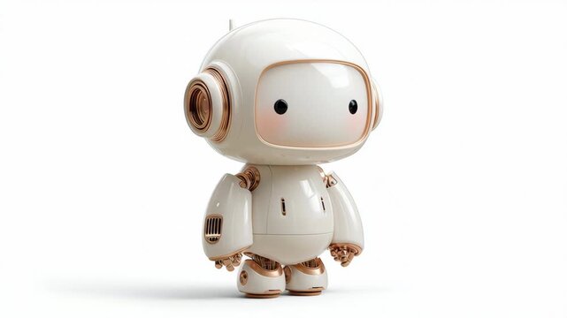 A cute robot white glossy retro kawaii friendly cartoon toy character, 3d render minimal smooth rounded copper metal technology android humanoid child mascot, clean futuristic loop animation with s