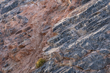 Charlie Brown Outcrop. Cutting or Cut (earthworks). Shoshone in Inyo County, California geology.  devitrified pumice tuff, welded tuff and vesicular vitrophyre. The volcanic rocks are cut by faults. 