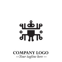 Circuit Robot Logo Symbol in Black on the White Background with Futuristic Tech Design
