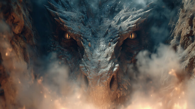 Fierce dragon face emerging from smoke and fire in epic fantasy scene