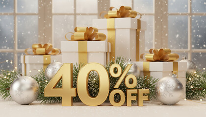 Golden 40% off sign surrounded by wrapped Christmas gifts, ornaments, and pine branches in a festive winter holiday setting by the window.