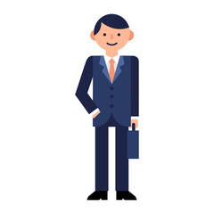 Cartoon businessman in blue suit, white shirt, orange tie, holding briefcase. Generic vector graphic for corporate themes