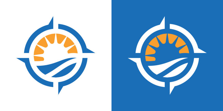 A creative logo combining a navigation pin, sunrise, and scenic landscape, symbolizing vacation, travel direction, and beautiful destinations.
