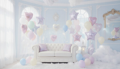 パステルカラーの可愛い風船に囲まれたソファのある部屋