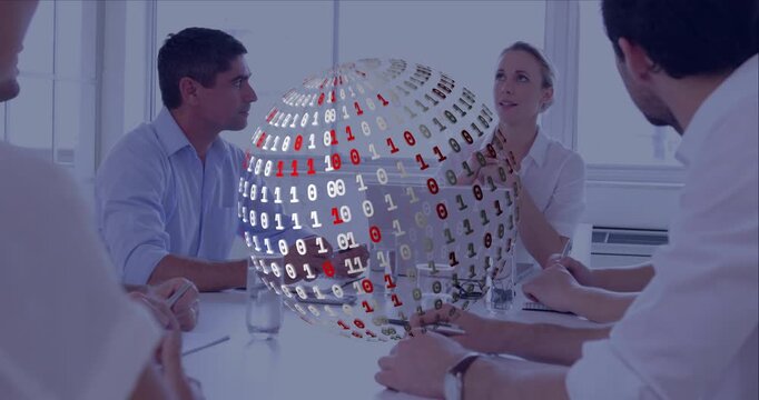 woman leading tech meeting initiating sphere above table guiding team through binary data