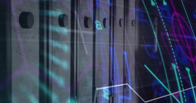 Faint neon overlays emerging on server racks, sweeping beam and traveling wave showing data flow