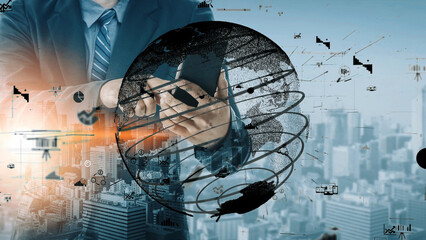 A businessman holds a smartphone, surrounded by abstract graphics representing global connectivity, technology evolution, and modern urban life. Ideal for business projects. Xenic