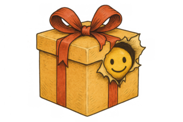 Gift box revealing a happy smiley face, finding surprise and joy during celebration, transparent background