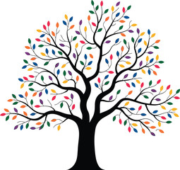 Fototapeta premium Colorful tree illustration, abstract foliage design, rainbow leaves artwork, diversity growth symbol, vibrant nature vector, botanical art, seasonal ecology concept, decorative graphic