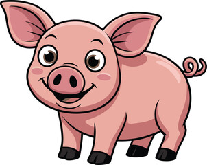 Cute cartoon pig illustration, smiling farm animal with curly tail, big eyes, pink body, children’s educational artwork and character design