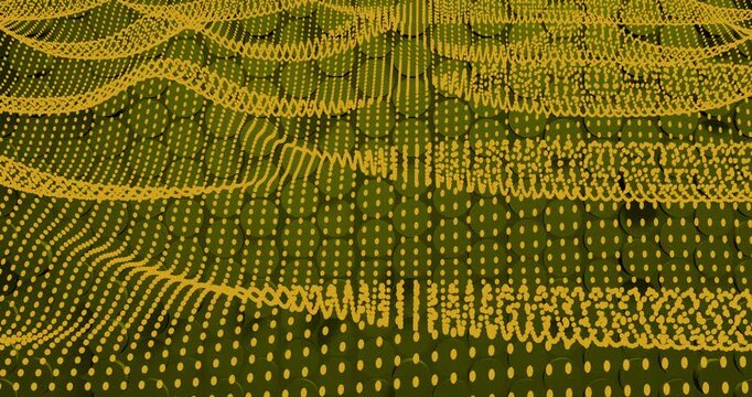 Abstract 3D visualization featuring golden digital dots forming flowing wave patterns over a circular grid. Represents artificial intelligence, machine learning, and futuristic data processing. Ideal