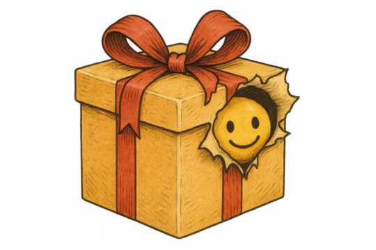 Gift box revealing a happy smiley face, finding surprise and joy during celebration, transparent background