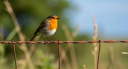 European Robin perched on a rusty barbed wire fence in a field.