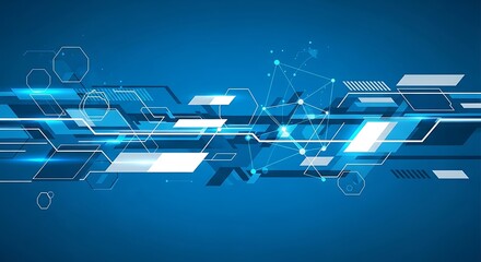 Futuristic Digital Technology Background with Blue Geometric Shapes and Light Effects.