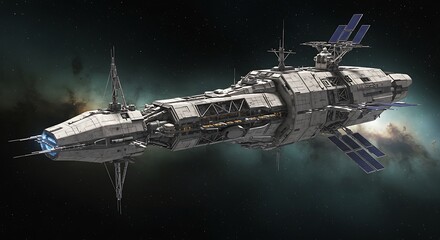 Futuristic Spaceship in Deep Space - A Detailed Digital Illustration.