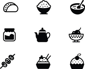 Food and drink icons set, taco, rice bowl, soup bowl, teapot, jam jar, ice cream, skewer, dessert, cupcake illustration