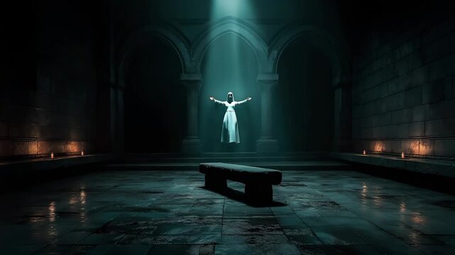 Open Empty Crypt Stone Carved Angel Figure Single Beam Light