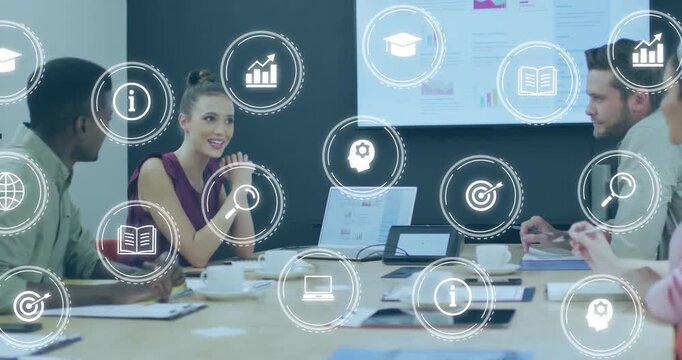 Floating data icons initiating discussion as team analyzing business metrics, fostering consensus