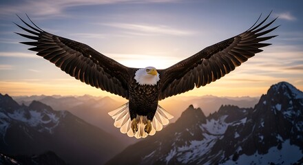 Majestic Bald Eagle Soaring Above Mountain Peaks at Sunset.