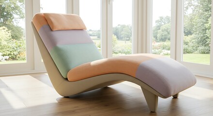 Modern chaise lounge chair with colorful upholstery in a bright room.