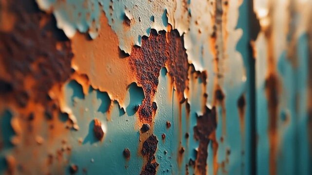 Abstract texture and detail of a rusty metal surface with peeling blue and orange paint.&nbsp; A worn industrial background, showing signs of aging and damage.&nbsp; Suitable ford