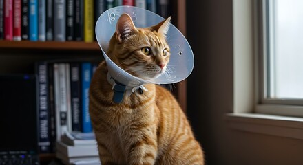 Orange Tabby Cat Wearing a Medical Cone Sitting Indoors.