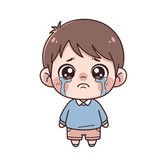 Fototapeta premium Cute cartoon boy crying with tears. Chibi style illustration of a sad child, expressing disappointment, grief, or distress on white.
